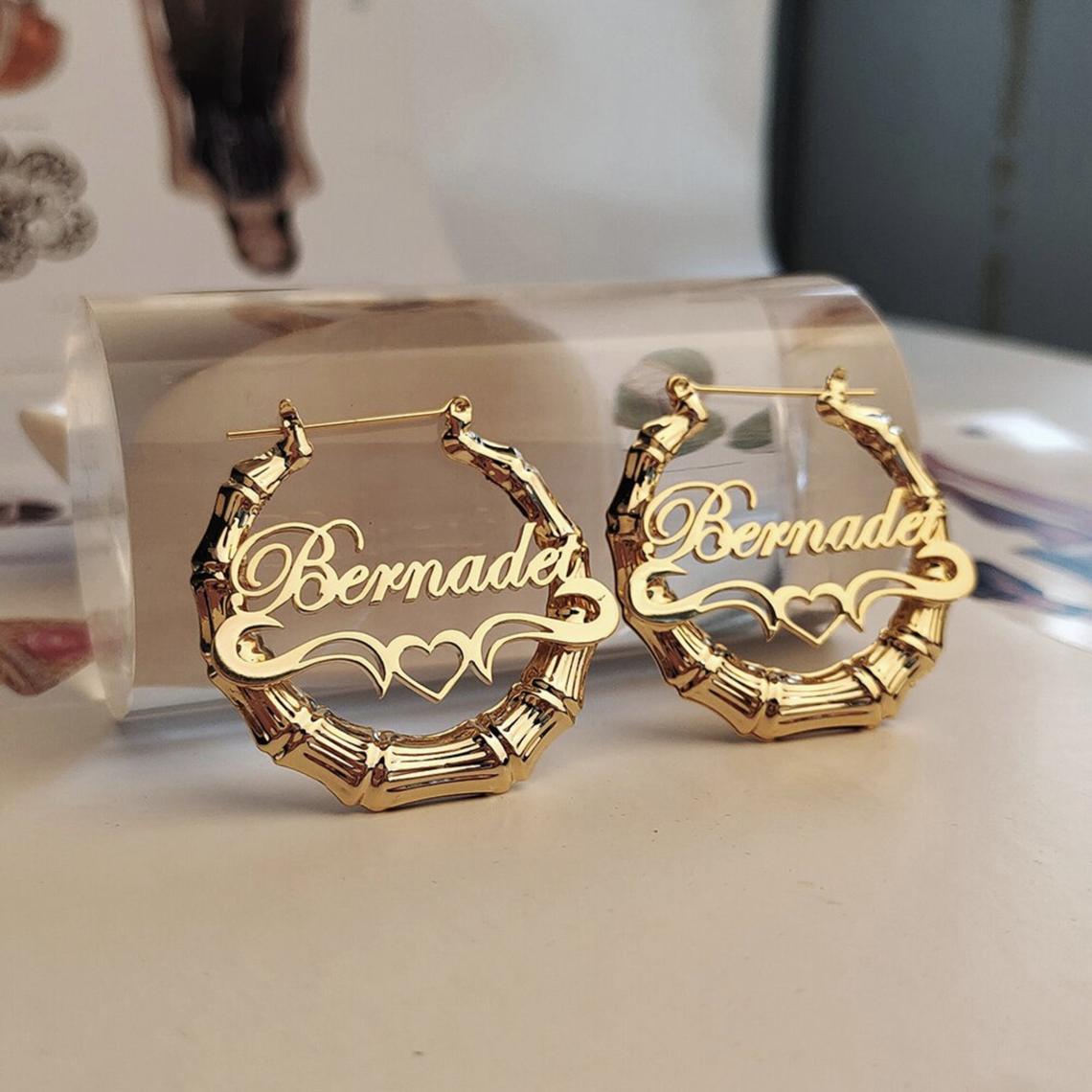 Personalized Gold Plated 6cm Name Hoop Bamboo Earrings