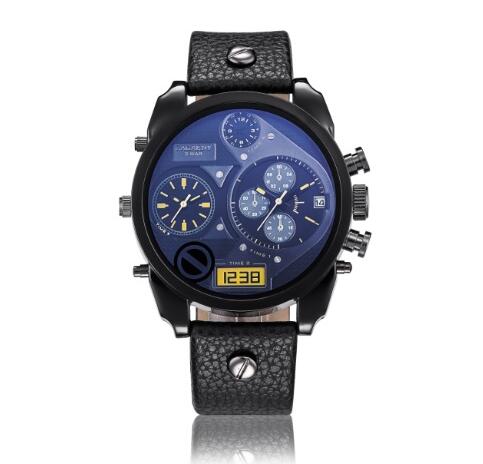 Cagarny Men Quartz Watches Men's Wristwatches Leather Watchband Dual Time Zones