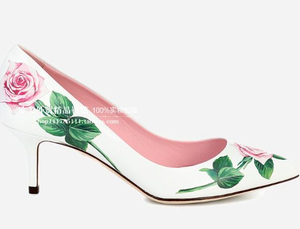 White Leather Flower Printed High Heel Shoes Sexy Pointed Toe Crystal Embellisehd Party Wedding Heels Pumps