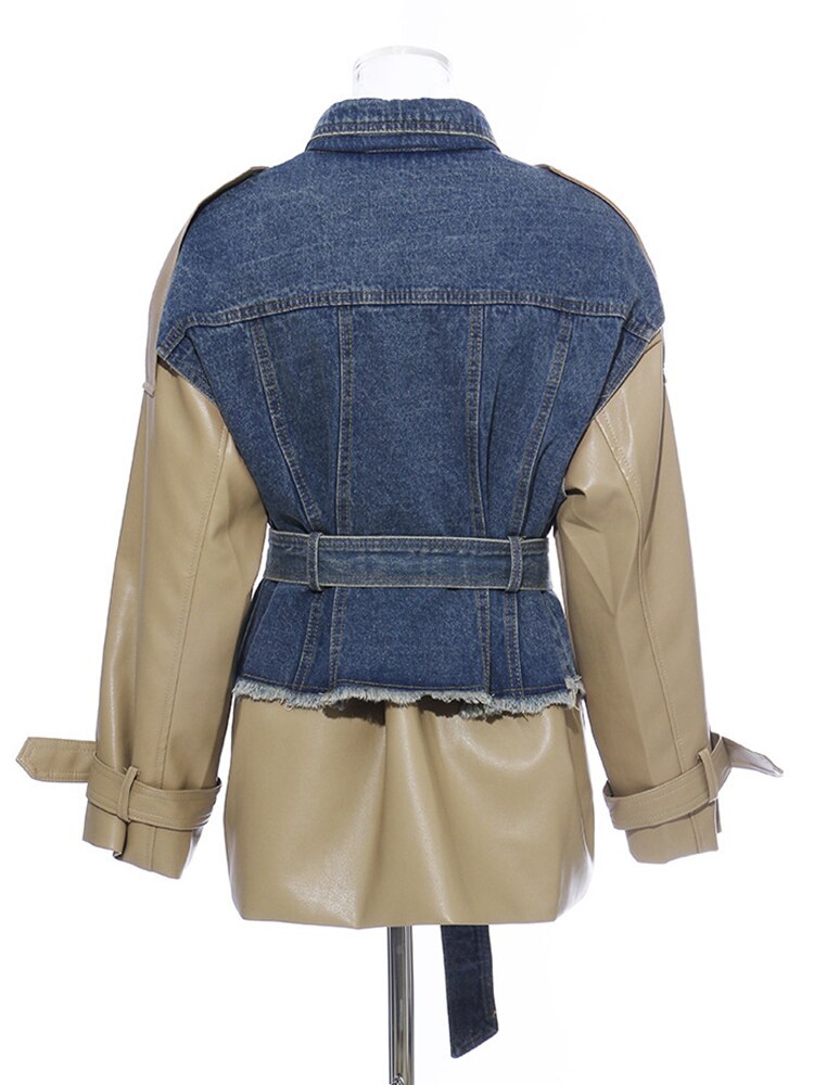 Fashion Women's Jackets New Lapel Loose Single Breasted Long Sleeve Denim Spliced PU Leather Coat Tide Autumn