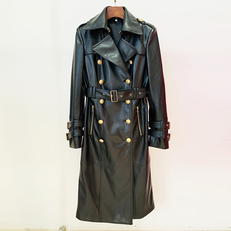 New Winter Luxury Design Double Breasted Black PU Leather Long Coats for Ladies Quality Street Women Trench with Belt