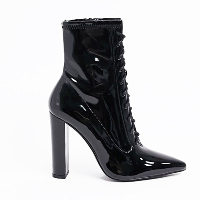 Black Patent Leather Pointed Toe Thick High Heel Short Boots Lace Up Side Zipper Large Ankle Boots Winter New Style