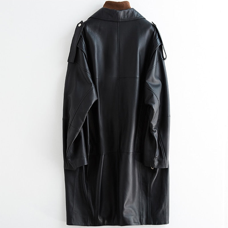 Autumn Oversized Black Long Womens Leather Biker Jacket Long Sleeve Spring Loose Faux Leather Coat Streetwear