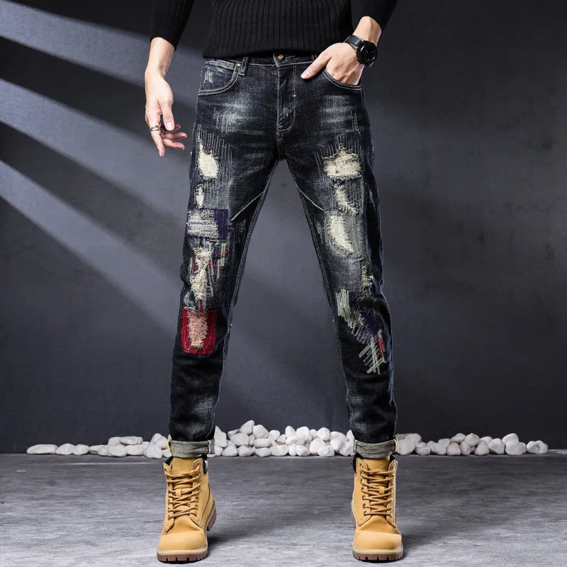2023 New Fashion Biker Jeans Men's Distressed Stretch