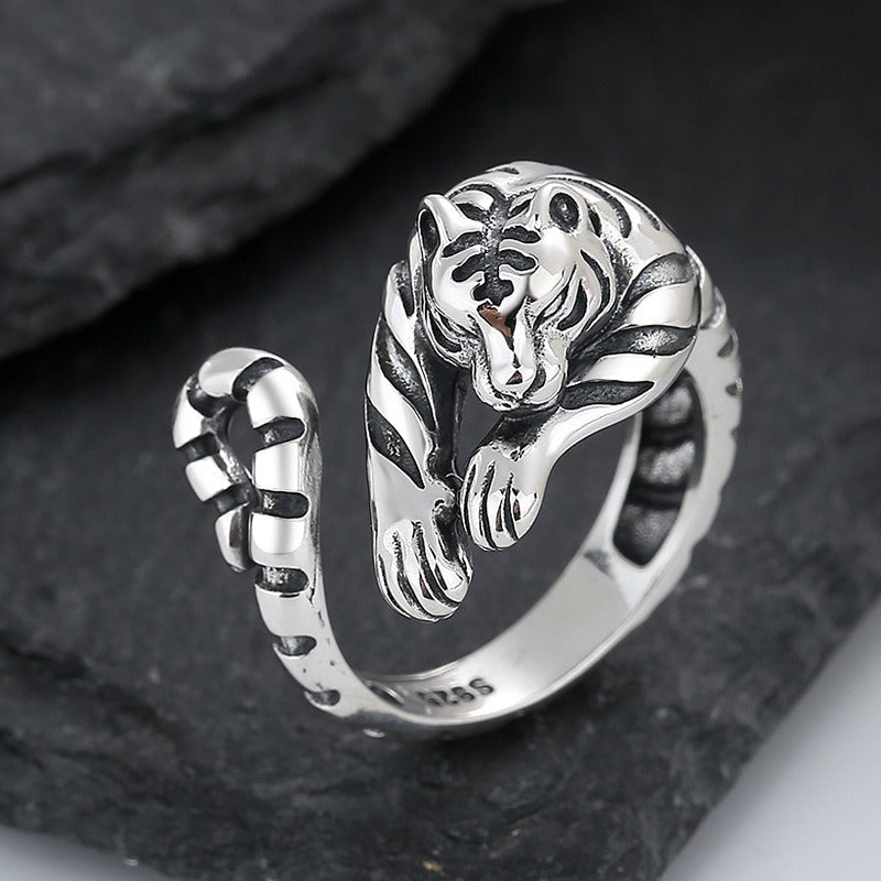 S925 Sterling Silver Zodiac Tiger Shape Open Ring