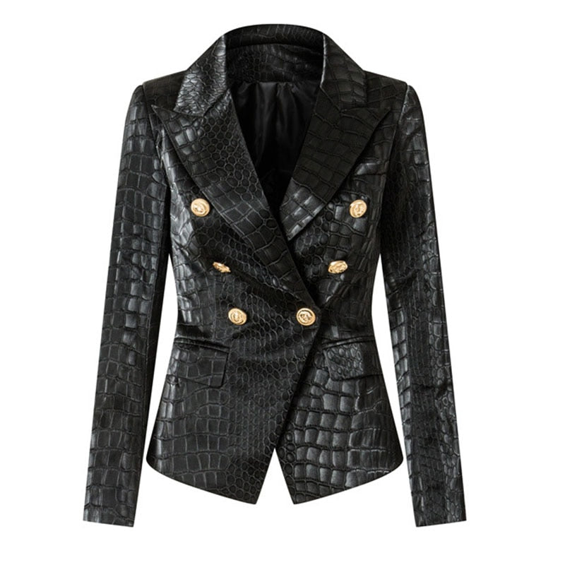 Unique Designing Animal Crocodile Pattern Leather Black Blazer for Women Double Breasted Buttons Luxurious PU Street Jackets