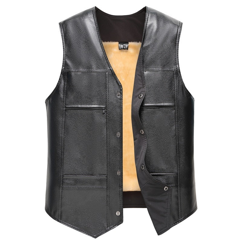 Black Men PU Leather Fleece Vest Large Size Autumn Winter Middle-aged Fashion Men's Loaded Fleece Vest Coat