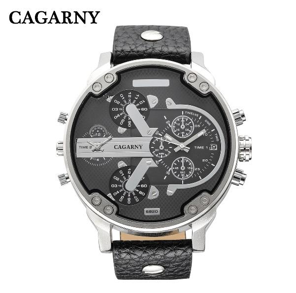 Cagarny Men's Quartz Watch  Date Dual Time Analog Leather Strap