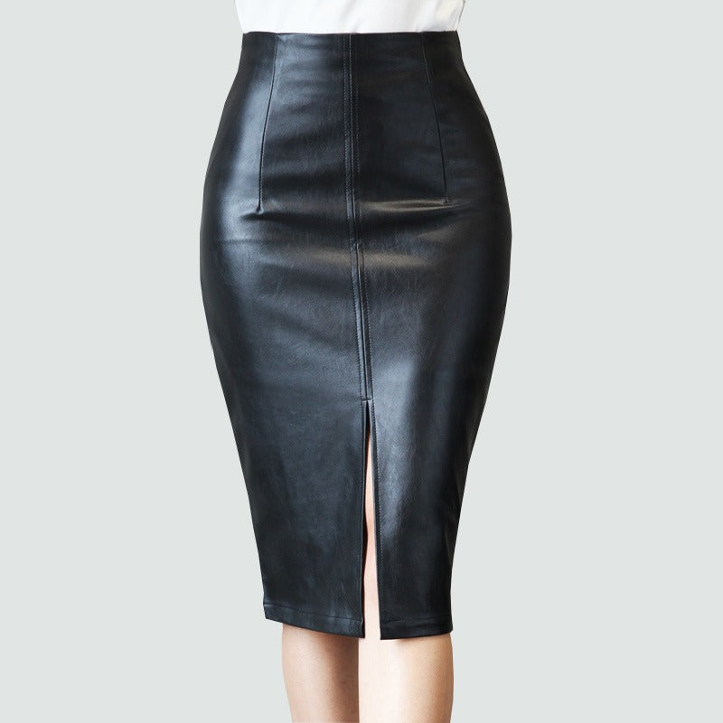 Fashionable slim fit skirt with split leather skirt and half skirt