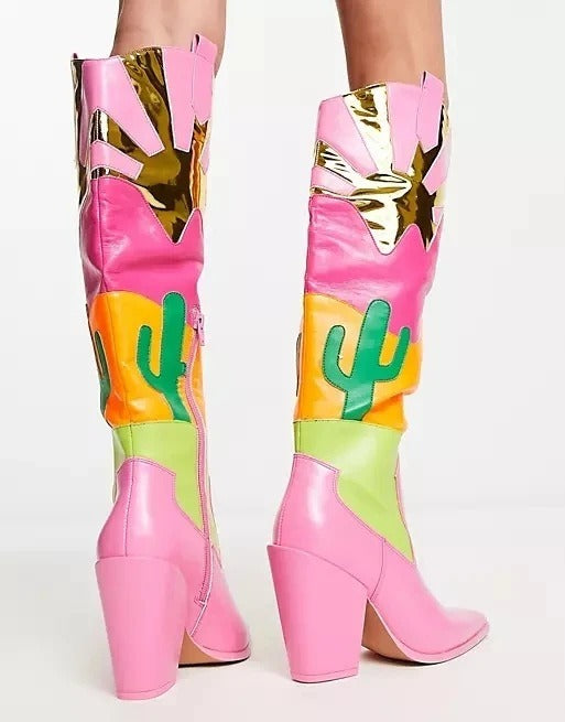 Patchwork Western Women Cowboy Boots Leather Knee High Shoes Pink Cowgirl Pointed Toe shoes