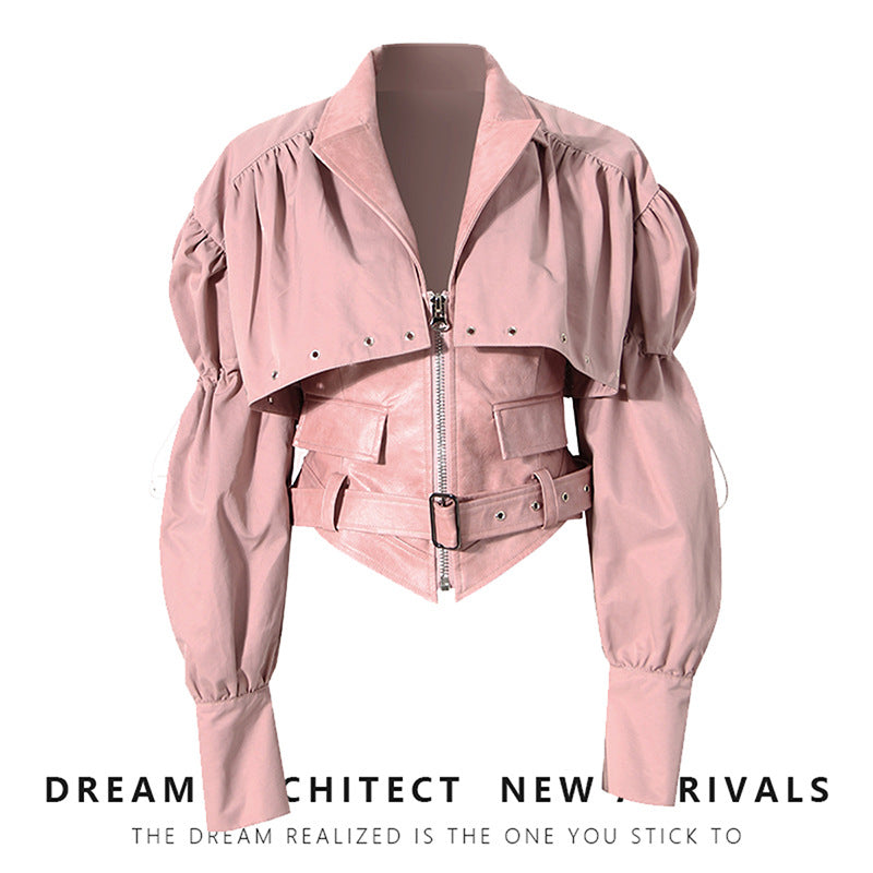 Sweet Cool Pleated Puff Sleeve Cape Stitching Pu Leather Vest Detachable Waist Short Coat Suit Lapel Female Jacket