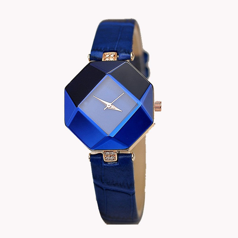 Women Watches Gem Cut Geometry Crystal Leather Quartz Wristwatch