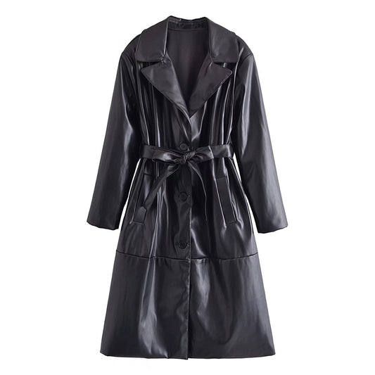 Autumn New Faux Leather Belted Temperament Trench Coat