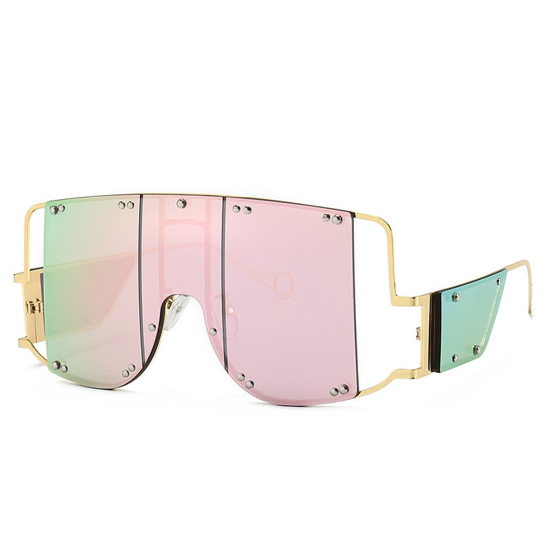 Metal Rivet Eyewear Oversized Mirror Square Sunglasses Men Women Shades