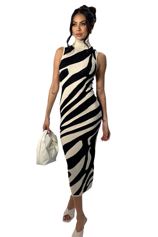 Female Bodycon Striped Turtleneck Knitted Dress Sleeveless Contrast Color