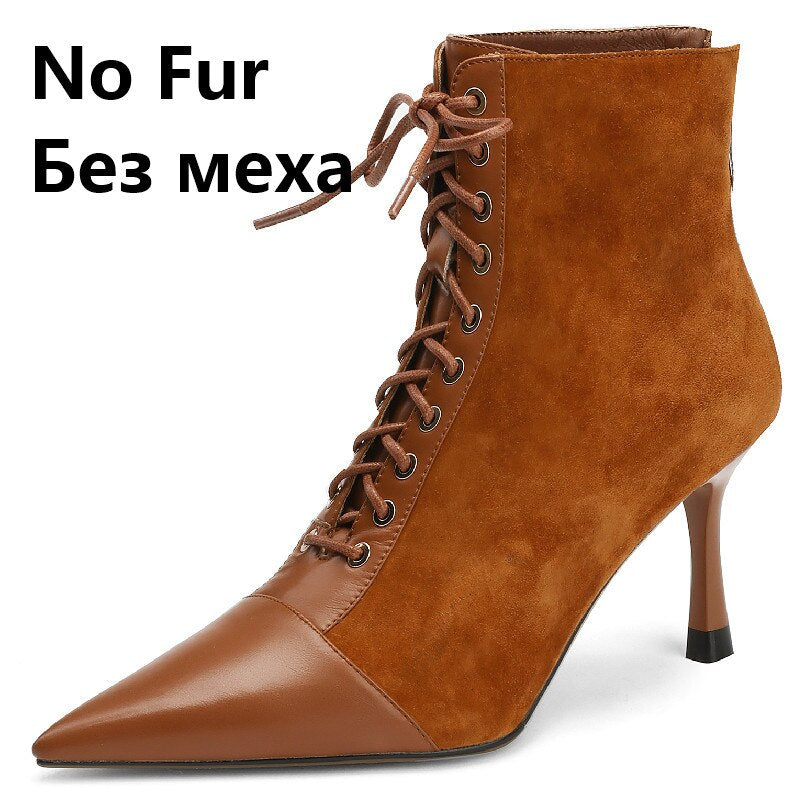Mature Elegant Women Ankle Boots Pointed Toe Thin High Heels Female Office Genuine Leather Cross-Tied Shoes Woman