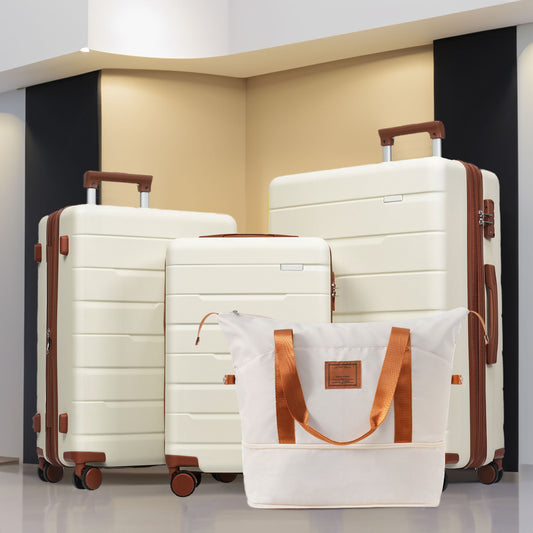 Luggage Sets 4 Piece Carry On Luggage Suitcase Set with 360° Spinner Wheels ivory and brown