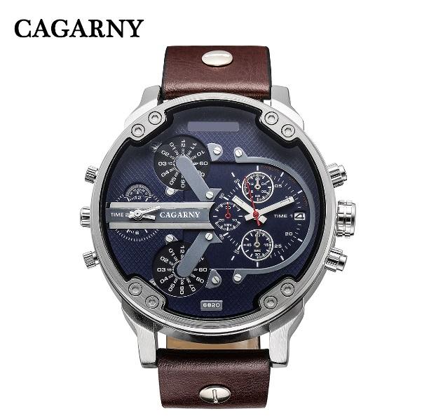 Cagarny Men's Quartz Watch  Date Dual Time Analog Leather Strap