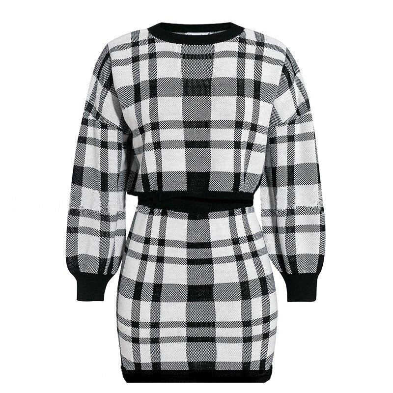 Women's Tracksuit Elegant Office Two Piece Set Plaid Sweater Outfit