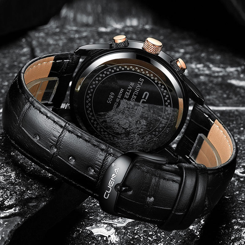 CUENA Men's Watches Stopwatch Date Luminous Hands Genuine Leather 30M Waterproof Clock Man Quartz
