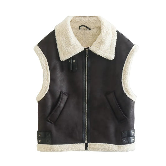 Women's Thick Warm Artificial Leather Wool Thickened Lapel Vest Women's Fashion Splice Sleeveless Tank Top Coat