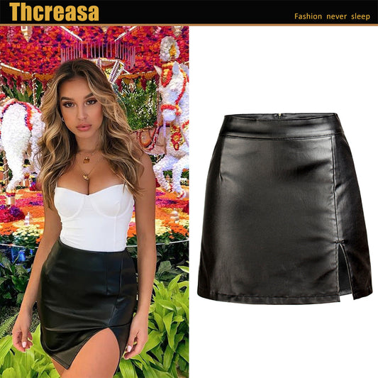 Women's Velvet Black PU Bag Hip Skirt Slit Ladies High Waist Skirt Leather Skirt