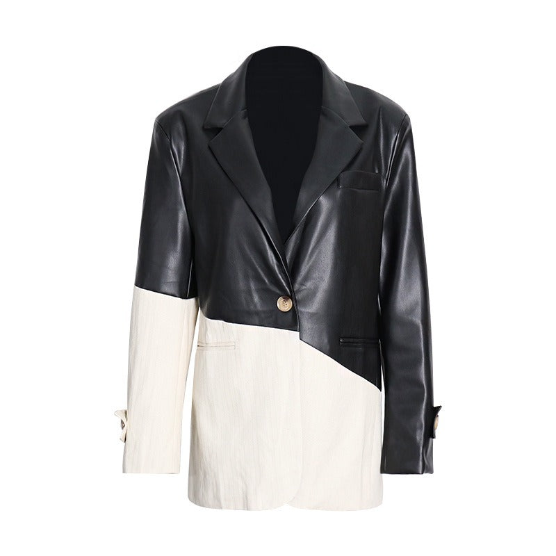 Patchwork PU Leather Women's Blazer Coat Lapel Collar Long Sleeve Loose Hit Color For Female Casual Coats