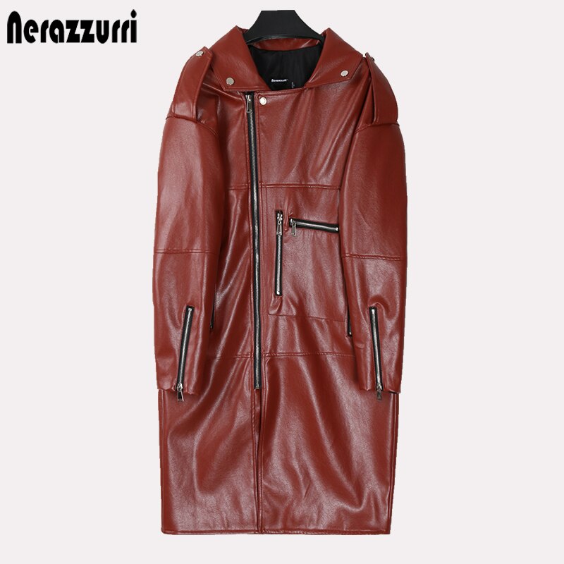 Autumn Oversized Black Long Womens Leather Biker Jacket Long Sleeve Spring Loose Faux Leather Coat Streetwear