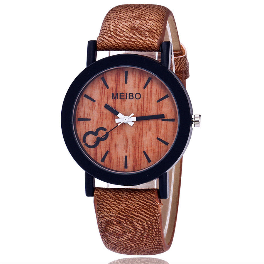MEIBO Modeling Wooden Quartz Mens Watch Casual Wooden Color Leather Watch