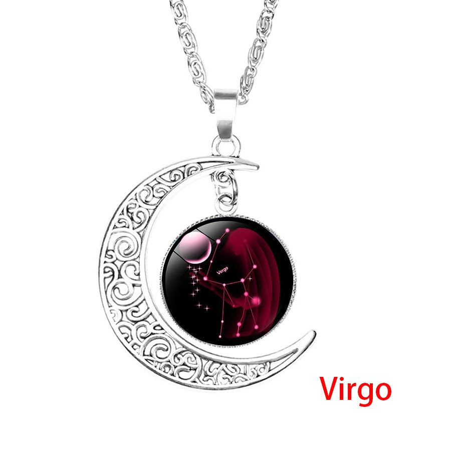 12 Zodiac Sign Pendant Necklace Glass Cabochon Double Galaxy Constellation Horoscope Astrology Necklace For Women Men Jewelry