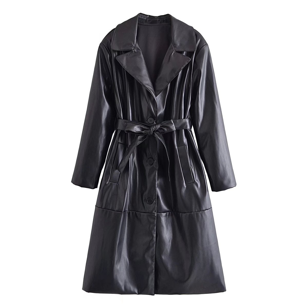 Autumn New Faux Leather Belted Temperament Trench Coat