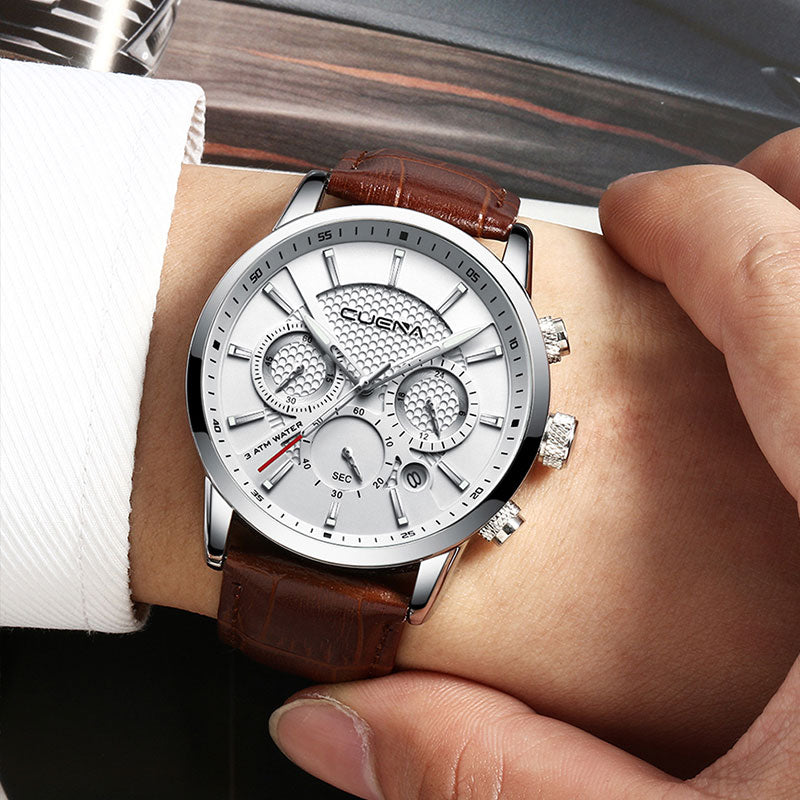 CUENA Men's Watches Stopwatch Date Luminous Hands Genuine Leather 30M Waterproof Clock Man Quartz