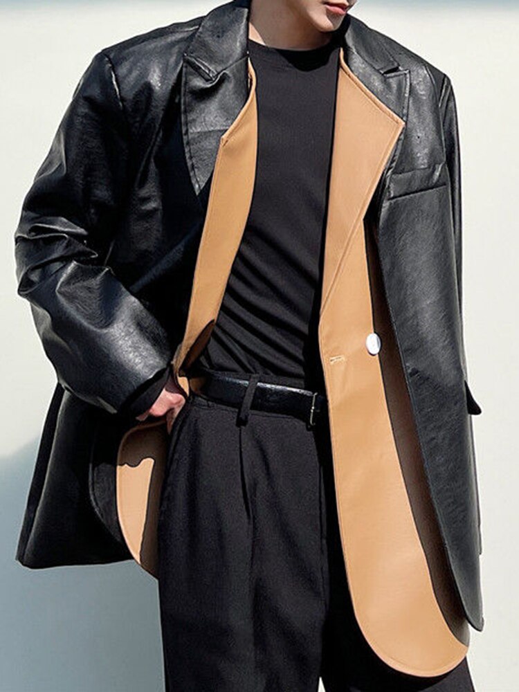 Autumn And Winter Niche Design Sense Removable Double Layer Lapel Colorful Suit Leather Jacket Men Handsome Trend PU Leather Jacket