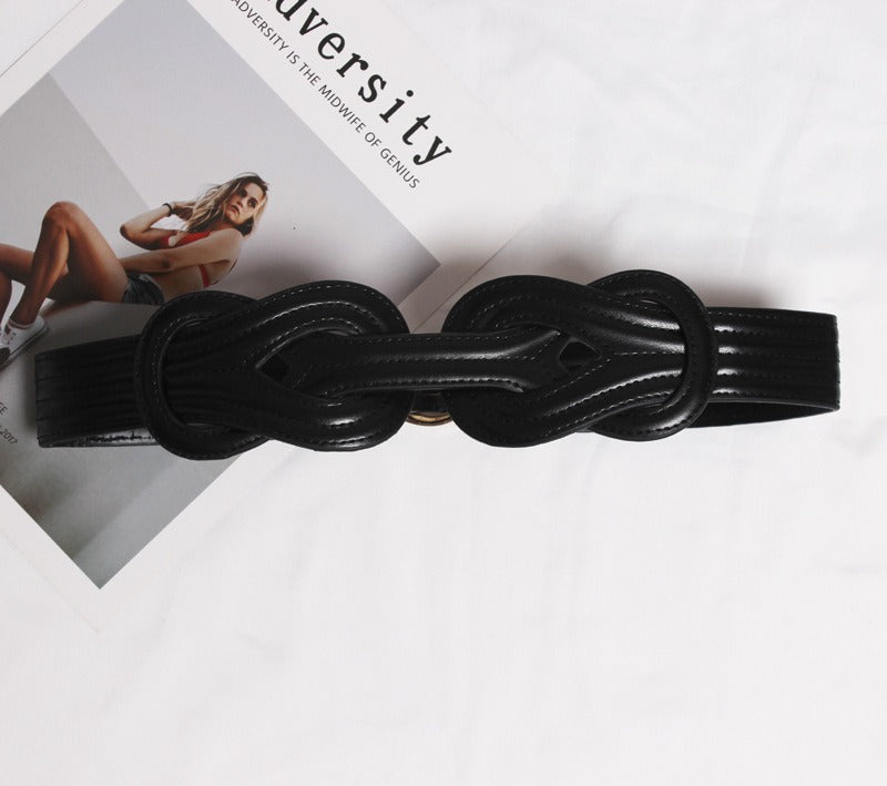 Pu Leather Leisure Black Knot Split Joint Long Wide Belt Personality Women