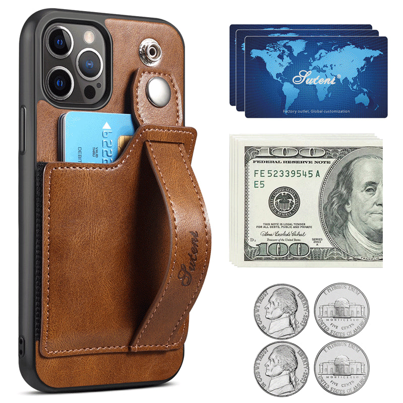 For iPhone 14ProMax Mobile Phone Case Apple iPhone 14Pro Plug-In Card Leather Case Wrist With Back Cover Type Protective Case