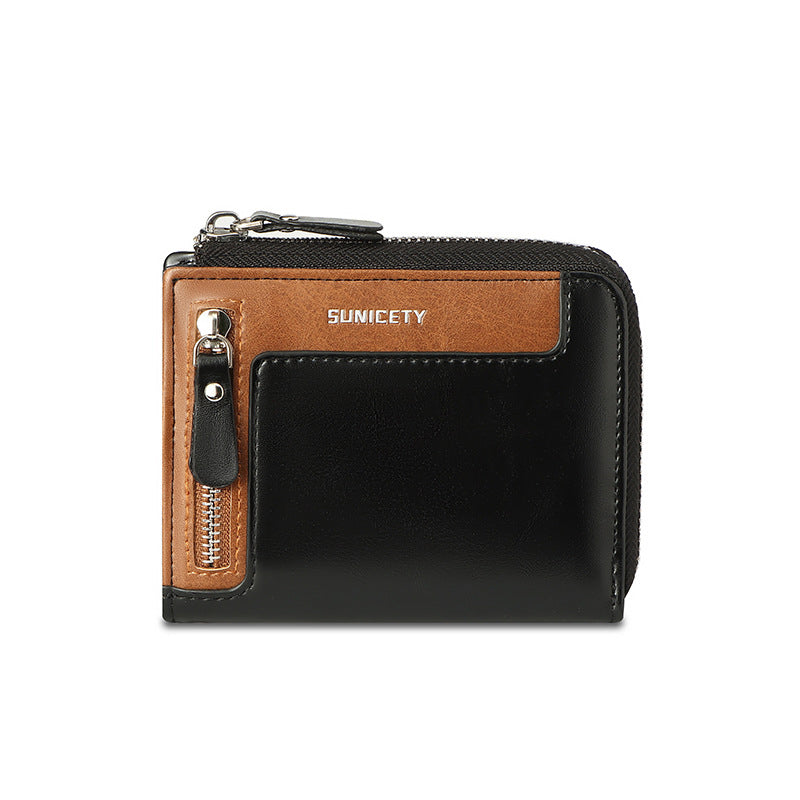 Wallet Men's Fashionable Leather Zipper Leather Bag RFID Multi Card Function ID Card Bag