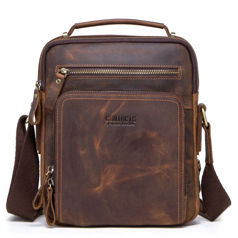 Retro Crazy Horse Cowhide Men's Crossbody Bag Multi functional Casual Men's Dual purpose Leather Handheld Shoulder Bag