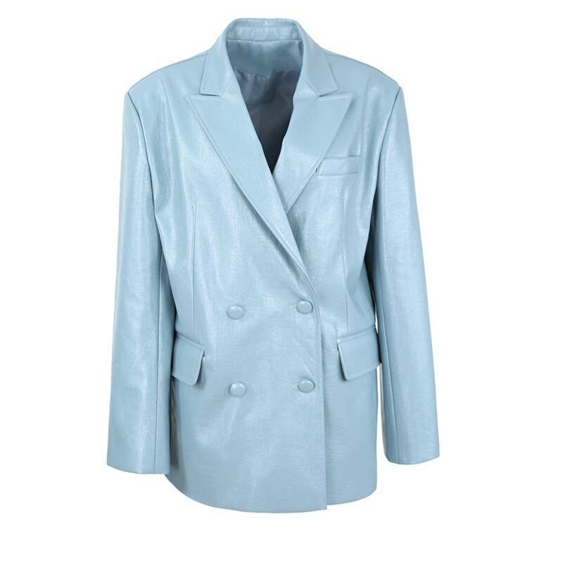 Women Blue PU Leather Big Size Casual Blazer New Lapel Long Sleeve Loose Fit Jacket Fashion Spring Autumn