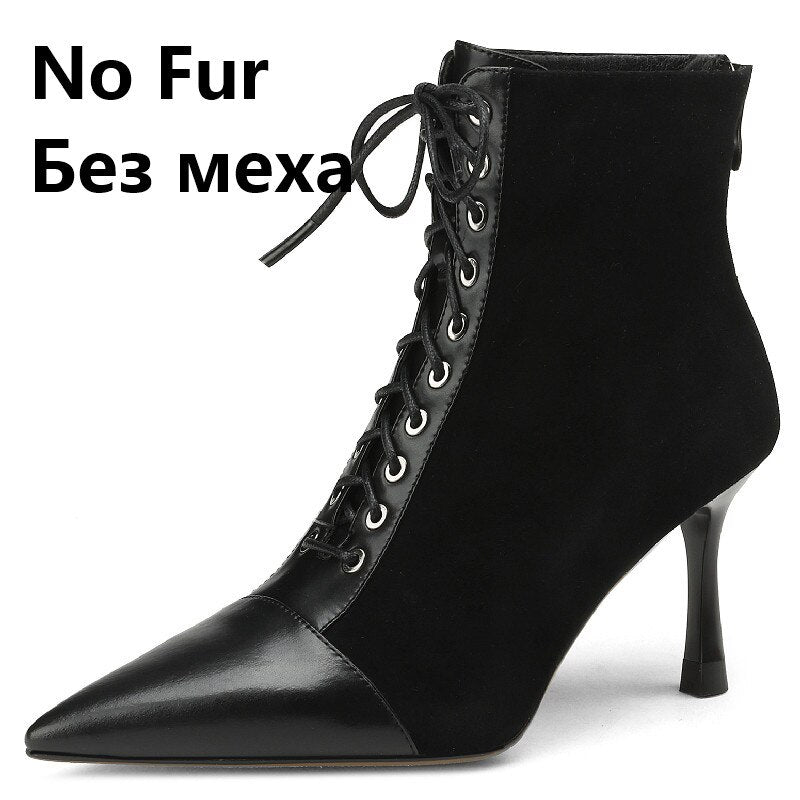 Mature Elegant Women Ankle Boots Pointed Toe Thin High Heels Female Office Genuine Leather Cross-Tied Shoes Woman