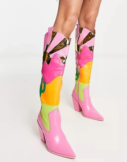 Patchwork Western Women Cowboy Boots Leather Knee High Shoes Pink Cowgirl Pointed Toe shoes