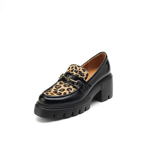 Thick-soled platform shoes for women, genuine leather, leopard print, lazy slip-ons, fisherman's loafers