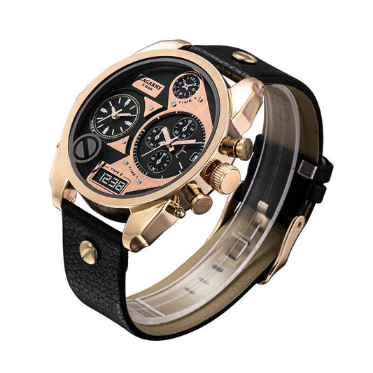 Cagarny Men Quartz Watches Men's Wristwatches Leather Watchband Dual Time Zones
