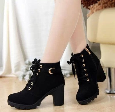 Autumn and Winter New High Heel Women's Boots Cross Tie Short Boots Thick Heel Martin Boots Leather Boots