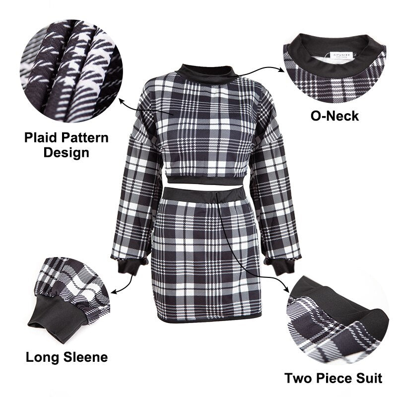 Women's Tracksuit Elegant Office Two Piece Set Plaid Sweater Outfit