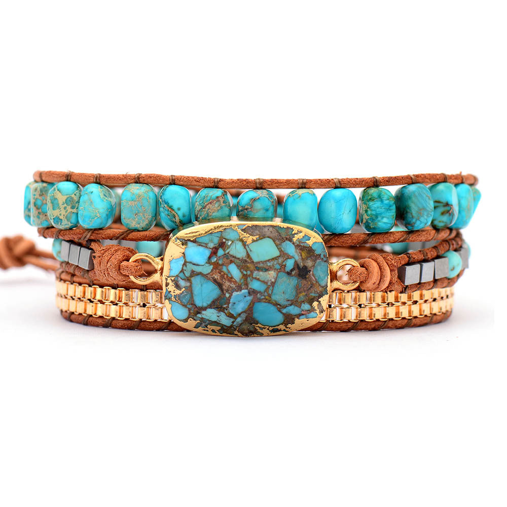 Boho Cut Corner Turquoise Bracelet Jewelry Triple Wrap Hand Braided Leather Cord Bracelet