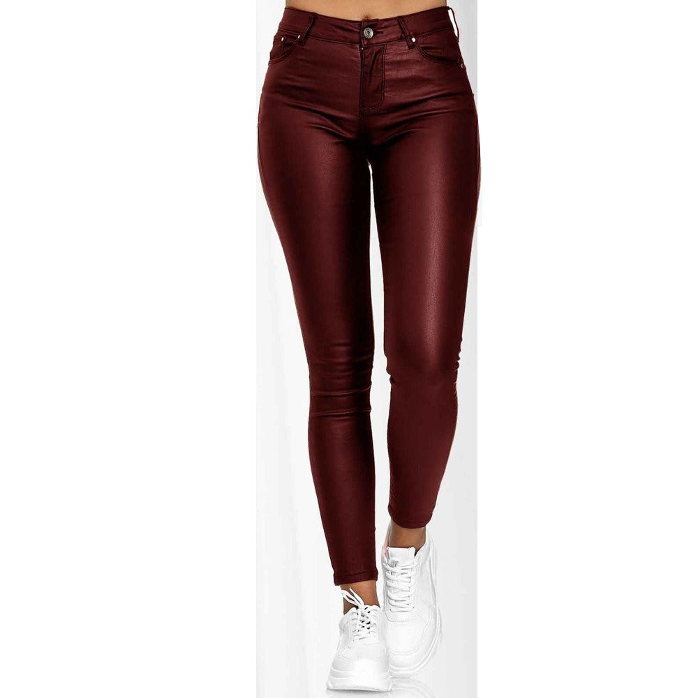 Fashionable high waisted solid leather casual pants and leather pants