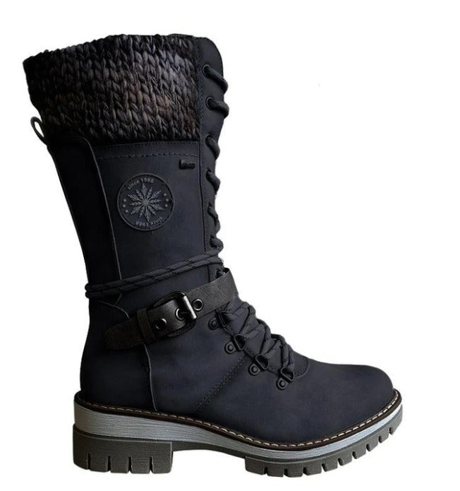 Large-size mid-leg women's boots new winter round head square heel leather buckle wool splicing Martens boots
