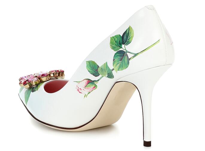 White Leather Flower Printed High Heel Shoes Sexy Pointed Toe Crystal Embellisehd Party Wedding Heels Pumps