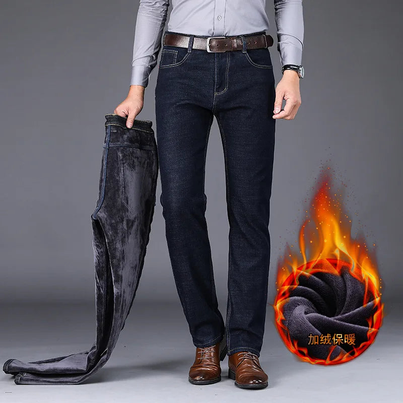 Autumn Winter Men's Jeans Warm Business Formal Pants