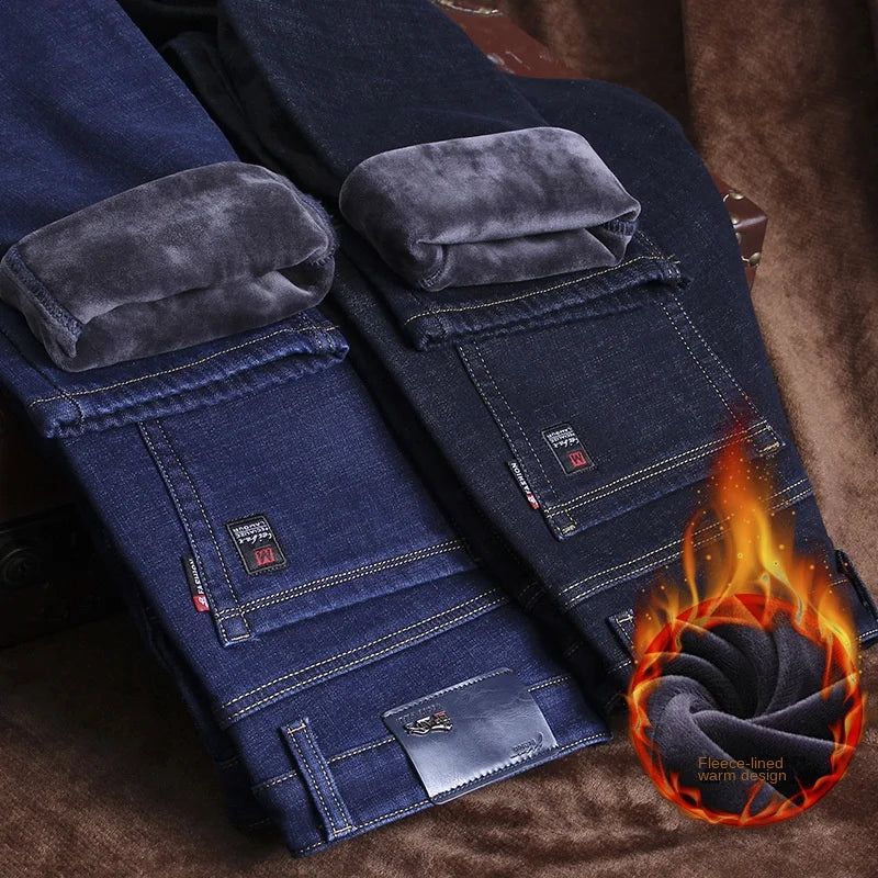 Autumn Winter Men's Jeans Warm Business Formal Pants